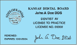 Sample dental license indicating location of the License Number on the card